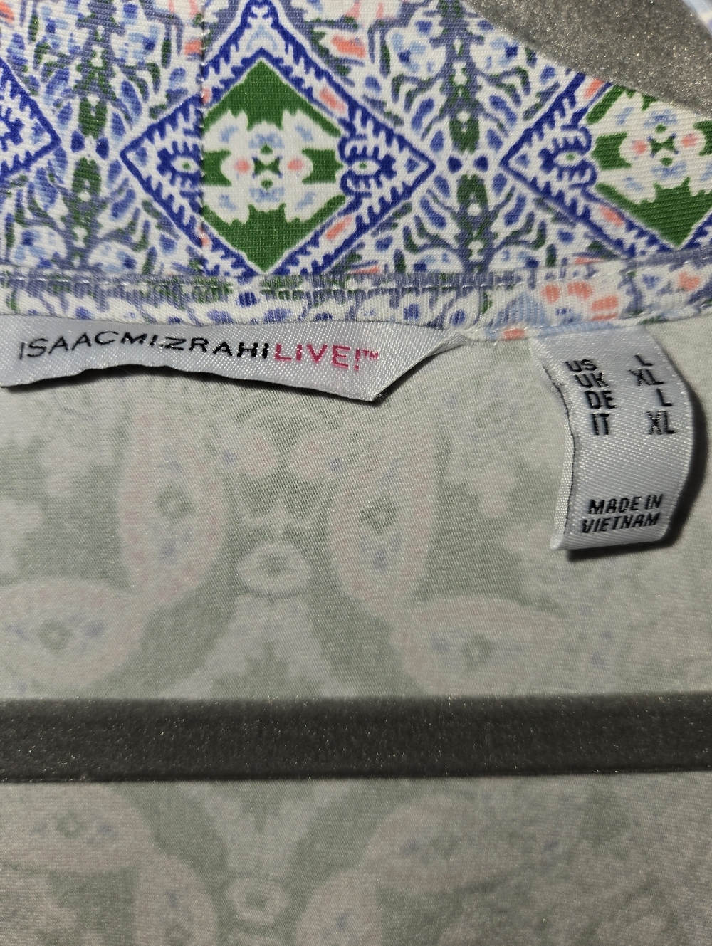 Isaac Mizrahi Live Green and Blue Patterned Open Cardigan 3/4 Sleeve Large - Picture 9 of 12